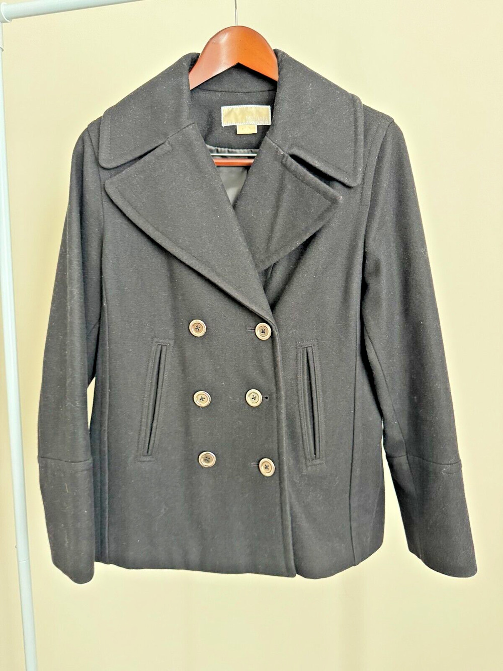 MICHAEL KORS Black Wool Blend Pea Coat Jacket Size Medium Double Breasted